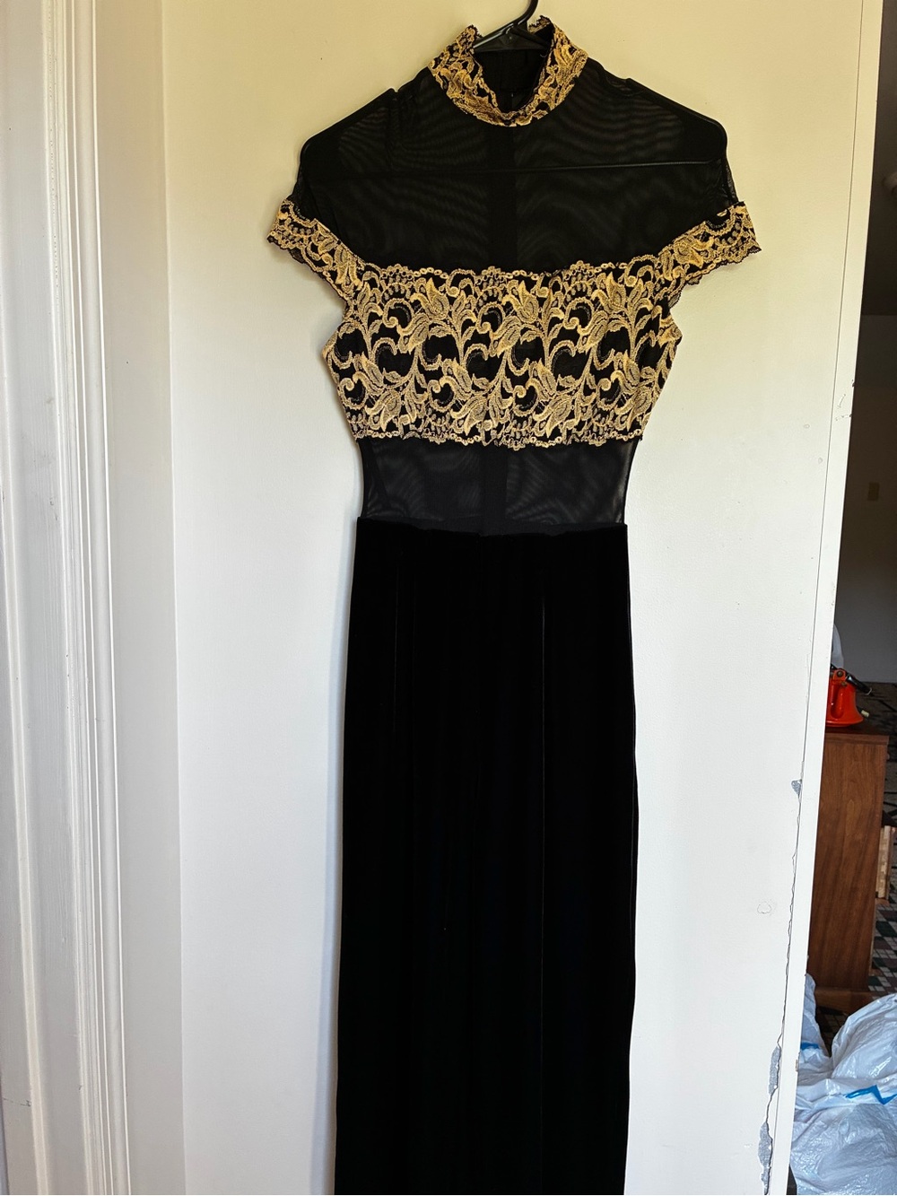 Vintage Cache Black velvet with Gold Lace Bodice one piece
